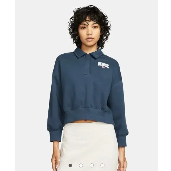 Nike Y2K Phoenix Fleece Retro crop quarter zip polo top in navy M - Picture 1 of 5